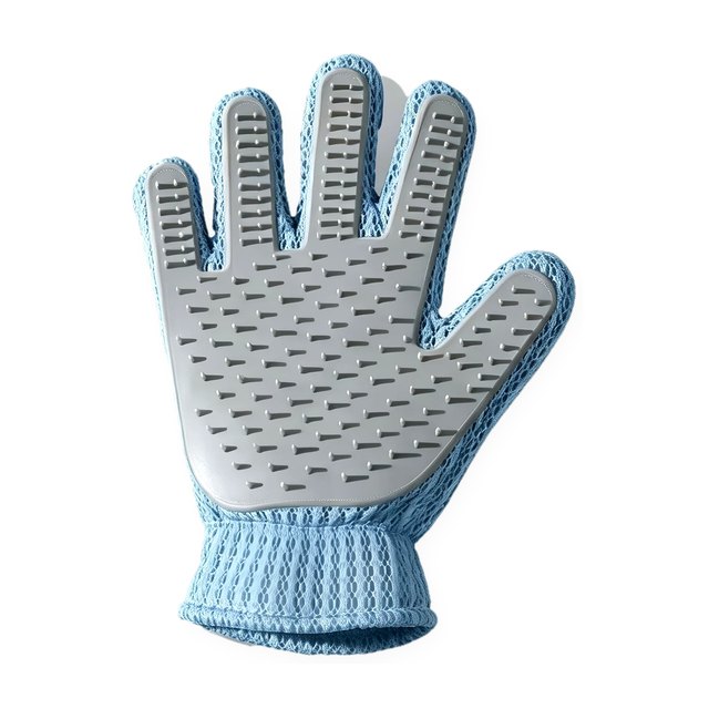 Light blue mesh pet grooming glove, palm side with grey silicone deshedding nubs, on white.