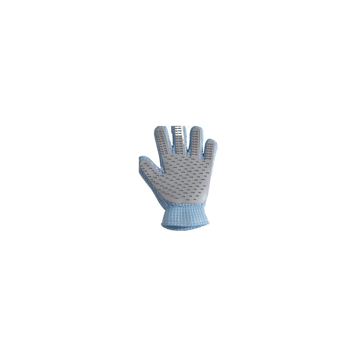 Light blue mesh pet grooming glove, palm side with grey silicone deshedding nubs.