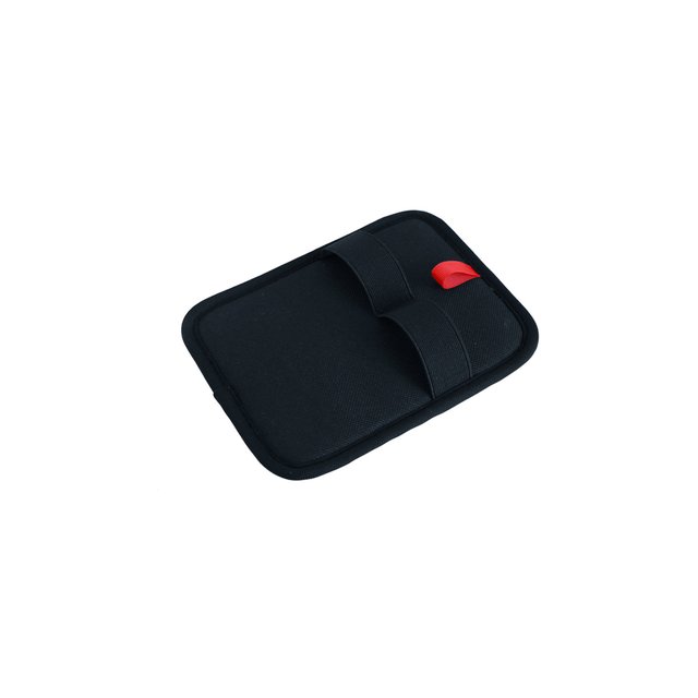 Black rectangular pet hair removal glove with elastic hand straps and red loop on white.