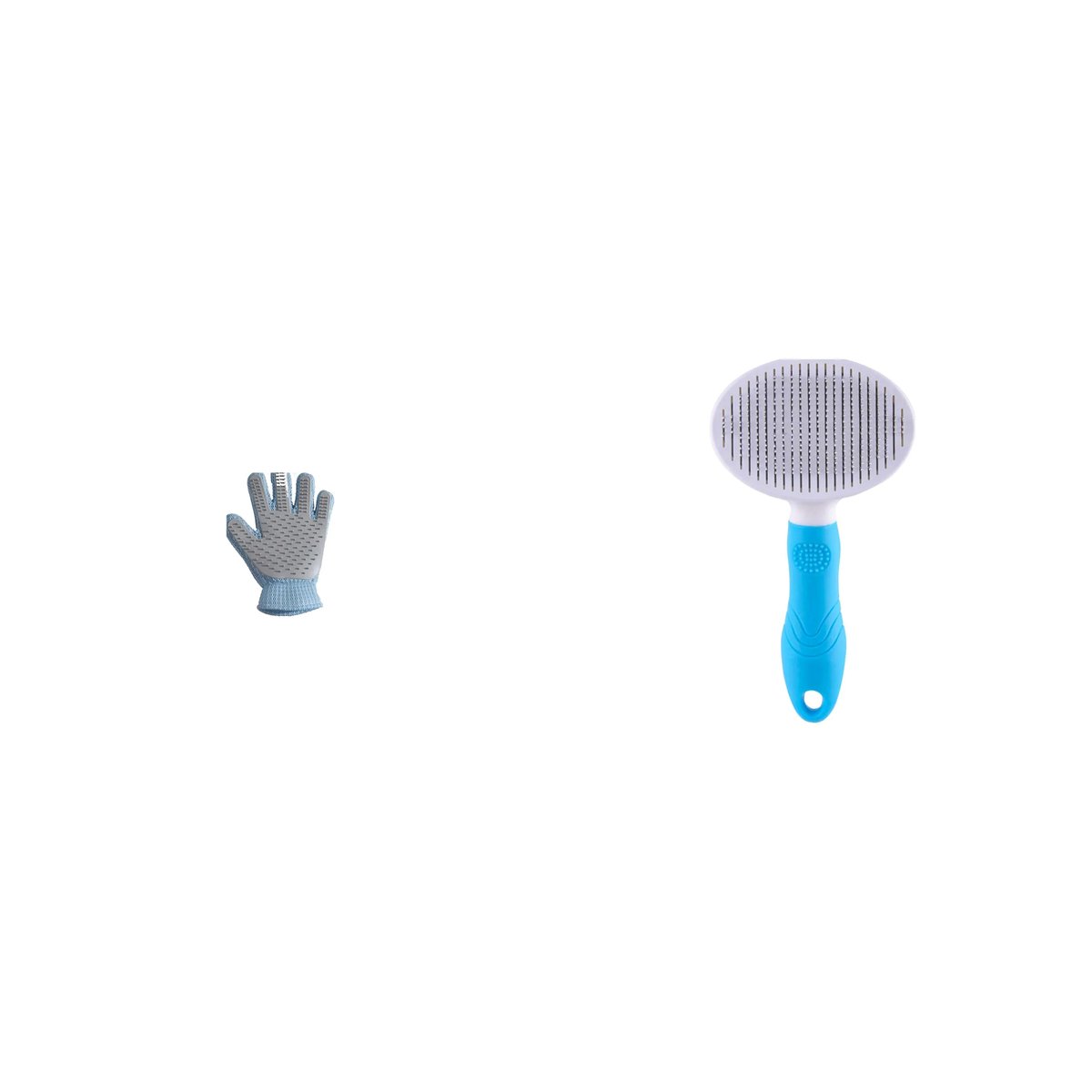 De-shed kit packshot: 2-in-1 grooming glove and blue self-cleaning slicker on white.