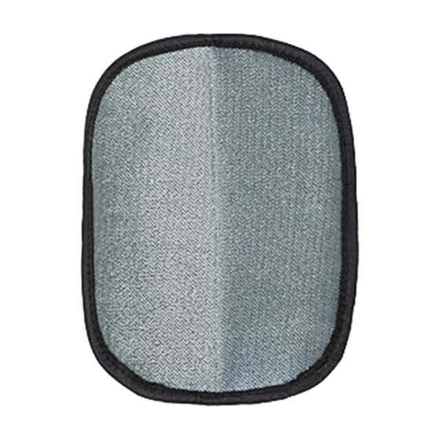 Oval pet hair remover mitt with grey textured cleaning face and black border on white.